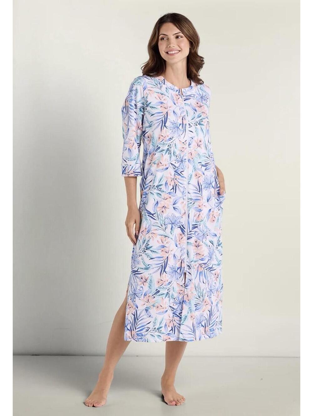 Miss Elaine Women's Quilted Floral 3/4-Sleeve Robe - Blue Floral Size Medium